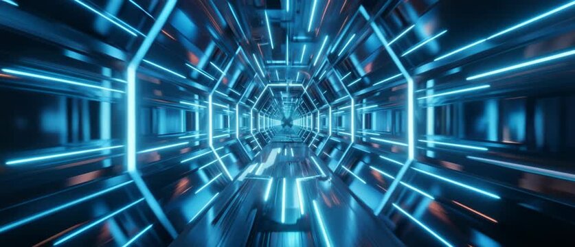 High-speed travel through blue digital tunnel with radial light beams creating speed and spatial effect