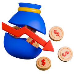 Broken money bag with falling coins and red arrow symbolizes economic and financial crisis. 3d illustration.