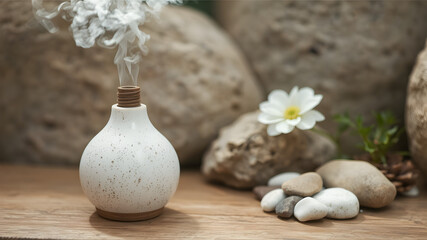 Obraz premium A ceramic diffuser with organic essential oil vapor rising, placed near a small rock garden with white stones