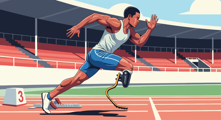 Adobe Illustrator artwork flat style illustration of a powerful male athlete with a prosthetic leg starting a sprint on a track in a stadium. Emphasizing disabled sports in paralympics summer games