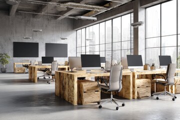Modern open-plan office with wooden desks