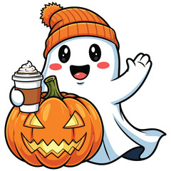 Cute ghost with pumpkin and coffee, Halloween vector illustration