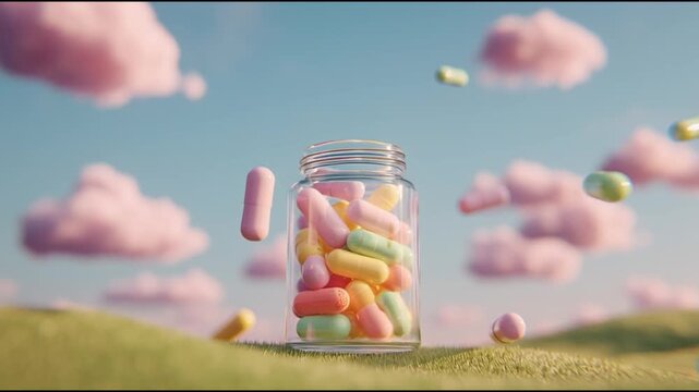 A vibrant jar filled with colorful candies against a whimsical sky and landscape setting