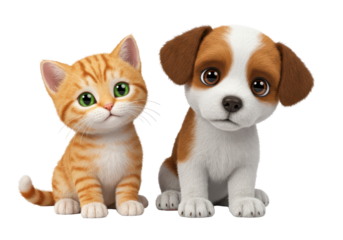 Isolated Cute Kitten and Puppy Cartoon Illustration