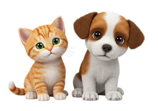 Isolated Cute Kitten and Puppy Cartoon Illustration