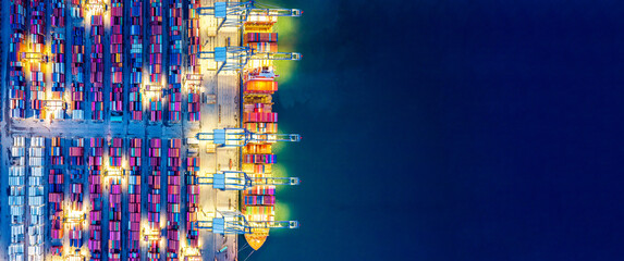 Banner of Container ship in ocean, Freight Transportation cargo, Shipping, Nautical Vessel. Logistics import export Container Cargo ship over sea. OverseaTransport business.
