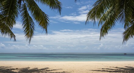 Fototapeta premium Overhanging palm fronds frame a pristine sandy beach and the calm, clear turquoise ocean, inviting viewers to relax under a beautiful blue sky with fluffy clouds.