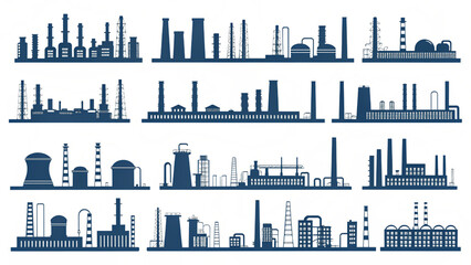 Obraz premium Collection of different industrial skyline line icons separated from each other with factory chimney silhouettes blank background 