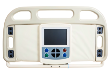 Hospital bed control panel with screen and buttons for patient care isolated with transparent background
