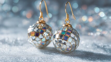 Retro New Yearâ€™s disco ball earrings on a glowing white blur, vintage party glam, festive sparkle
