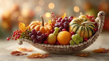 Retro Thanksgiving cornucopia with funky fruits on a soft white blur, vintage harvest feast, quirky fall