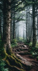 Naklejka premium Misty mountain path through ancient trees