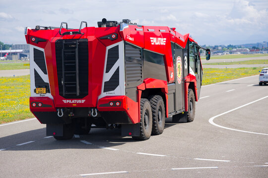Red Ziegler Z-Class Pilatus Aircraft company fire engine at Swiss Airport Z&uuml;rich Kloten on a summer day. Photo taken June 27th, 2025, Zurich Kloten, Switzerland.