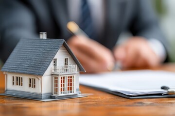 Fototapeta premium A small house model is on a desk, a man signing document. Illustrates real estate, buying or selling a new home.