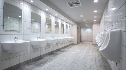Obraz premium A meticulously maintained restroom features multiple sinks and urinals, highlighting cleanliness and order. Clean, white tiles cover all surfaces in this public space.