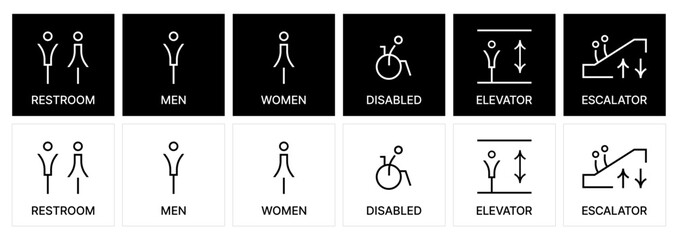 Restroom icon set. male and female toilet symbols. disabled icon. gender icon. restroom pictogram. Elevator and Escalator public signage. WC signage.