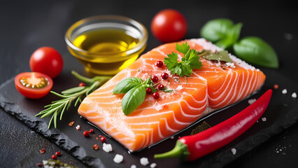 A large piece of salmon fillet, with its skin and bones removed, is placed on a black surface. The salmon is garnished with fresh herbs, 