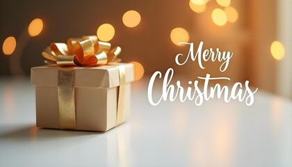 Elegant gift box with a golden bow on a reflective white surface. "Merry Christmas" in classic white font on the right, against a warm, twinkling bokeh background