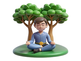 Peaceful character meditating under a tree, practicing mindful breathing, isolated on white background.