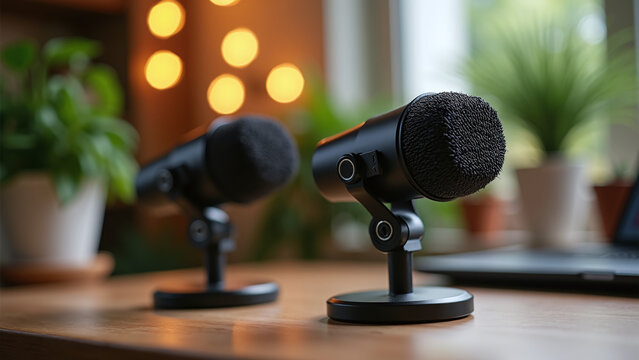 Dual mics stand in leafy glow, ready to echo stories.
