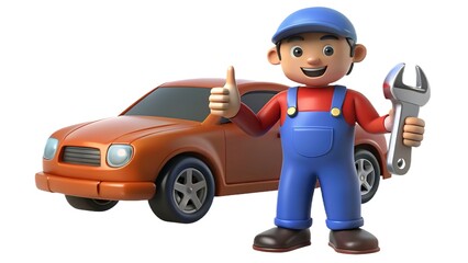 3D cartoon mechanic with happy face, tool in hand, car beside, giving thumbs up, isolated on white.