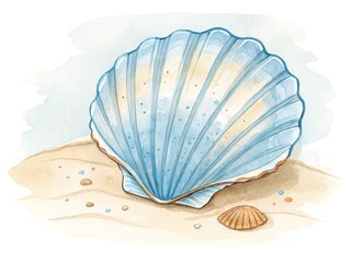 Hand-painted watercolor clam shell with soft blue and sandy tones, delicate and natural, isolated on white background.