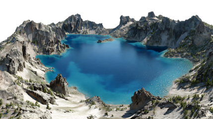 Aerial view of a vibrant blue crater lake surrounded by rugged mountains isolated on transparent background