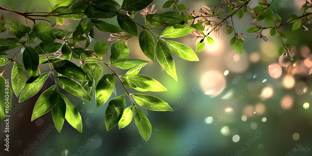 Poster abstract soft blurred green foliage with sunlight filtering through leaves in the foreground and a d