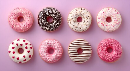 Donuts of various colors and decorations, including multiple glazes and sprinkles, sit on a purple background