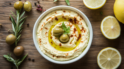 Traditional creamy hummus with olives on rustic surface