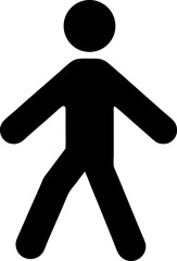 Stylized human stick figure walking icon, minimalist black silhouette on white