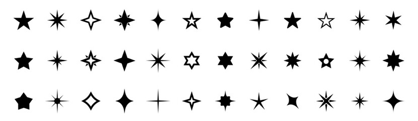 Star icon collection. Different star shapes. Black stars icon set.  Sparkle star icon set. Vector illustration
