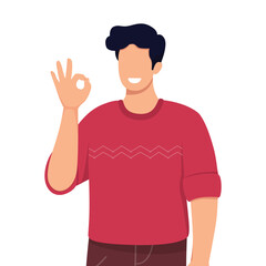 Ok sign and gesture language concept. Young smiling man cartoon character standing showing ok sign with fingers looking at camera. Vector illustration.