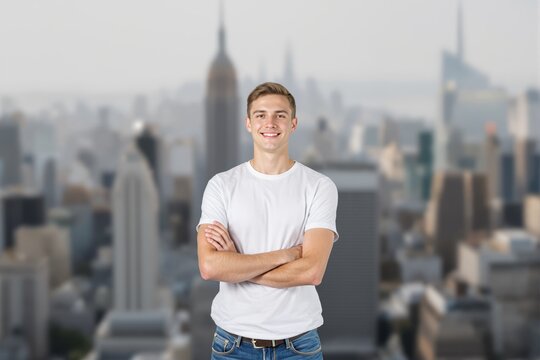 Confident young man with arms crossed against a cityscape backdrop.