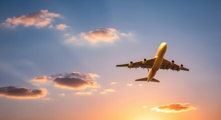 Soaring Heights: A passenger airplane ascends gracefully against a vibrant sunset sky, offering a glimpse into the freedom and exploration of travel.