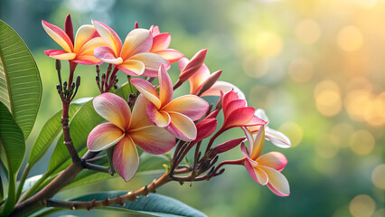 Fototapeta premium Vibrant Frangipani Blossoms in Sunlight: Close-up captures the captivating beauty of colorful frangipani flowers in full bloom, their delicate petals kissed by sunlight.