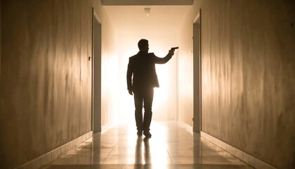Man in Suit Walking with Gun in Corridor Silhouette