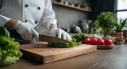 A chef, wearing gloves, is slicing up fresh vegetables that are on a cutting board in a very clean kitchen