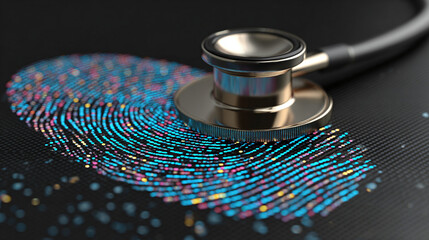 Digital health and identity: A stethoscope rests on a glowing fingerprint pattern. Conceptual image for personalized medicine, data privacy, and biometric security.