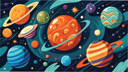 Vibrant cartoon space illustration featuring colorful planets and stars suitable for education and creative designs on transparent background