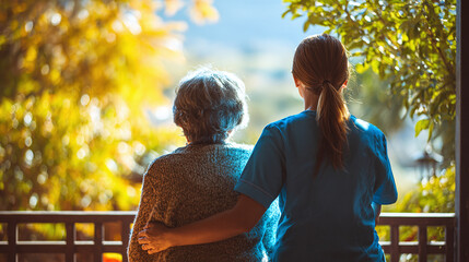 Elderly woman with caregiver on balcony, enjoying scenic view of fall foliage; peaceful moment of companionship and support in a tranquil setting