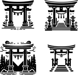 set of four flat black and white vector of a traditional shinto torii gate as entrance to shrine, simple and sacred design