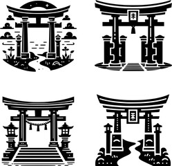 set of four flat black and white vector of a traditional shinto torii gate as entrance to shrine, simple and sacred design