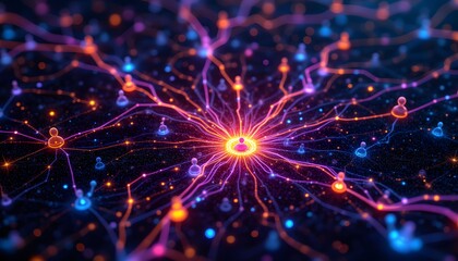Fototapeta premium A vibrant, luminous network of interconnected nodes, each representing an individual's profile