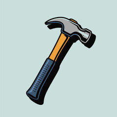 A Vector Style Illustration of a Claw Hammer with an Orange Wooden Handle and Dark Blue Rubber Grip Against a Light Blue Background