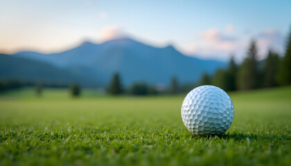 A golf ball on the green with a mountain range in the background.