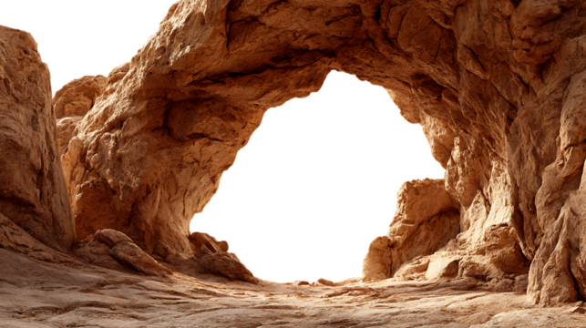 Natural rock archway with a bright transparent background visible through the opening