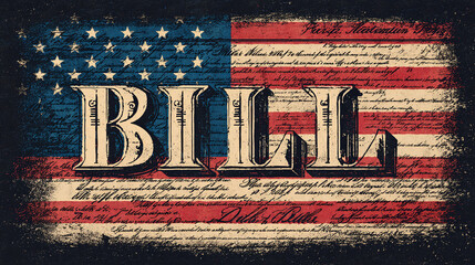 Patriotic tribute to the American Bill of Rights and the democratic principles it embodies. An aged flag and historical script evoke timeless importance.