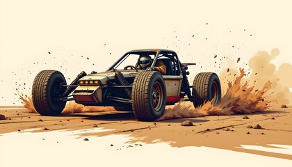 A stylized, low angle perspective illustration showcasing a small, open wheeled racing machine hurtling around a sharp corner