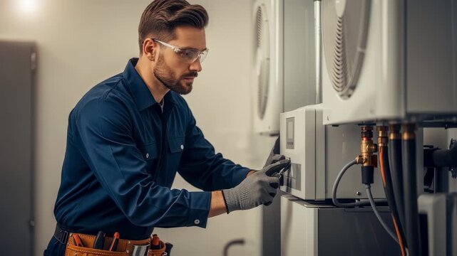 Technician inspecting heating and cooling equipment.